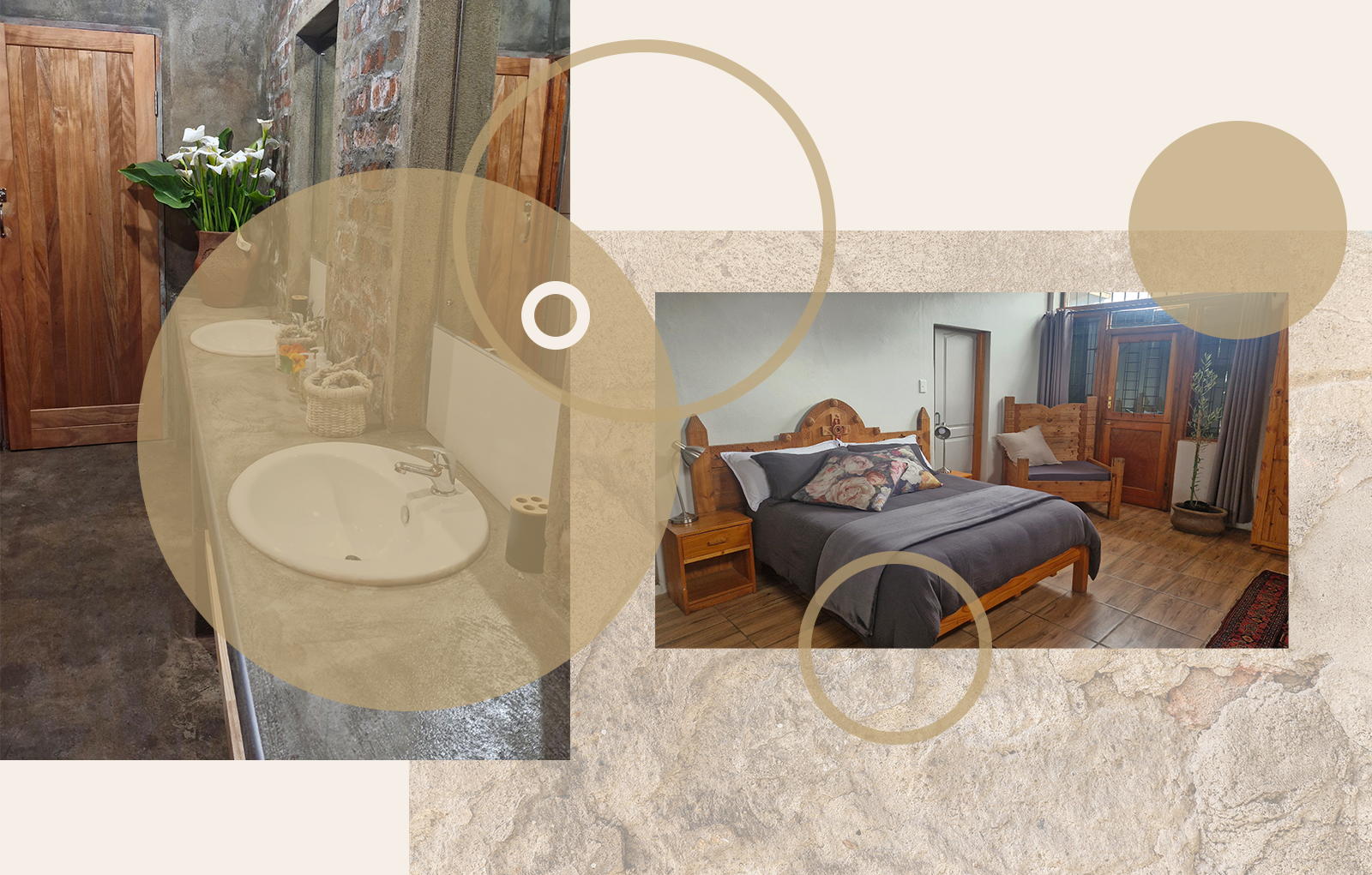 Rustic Comfort - Bathroom and Bedroom Rustic bathroom with concrete sink, wooden accents, and cozy bedroom with wooden furniture and soft decor.