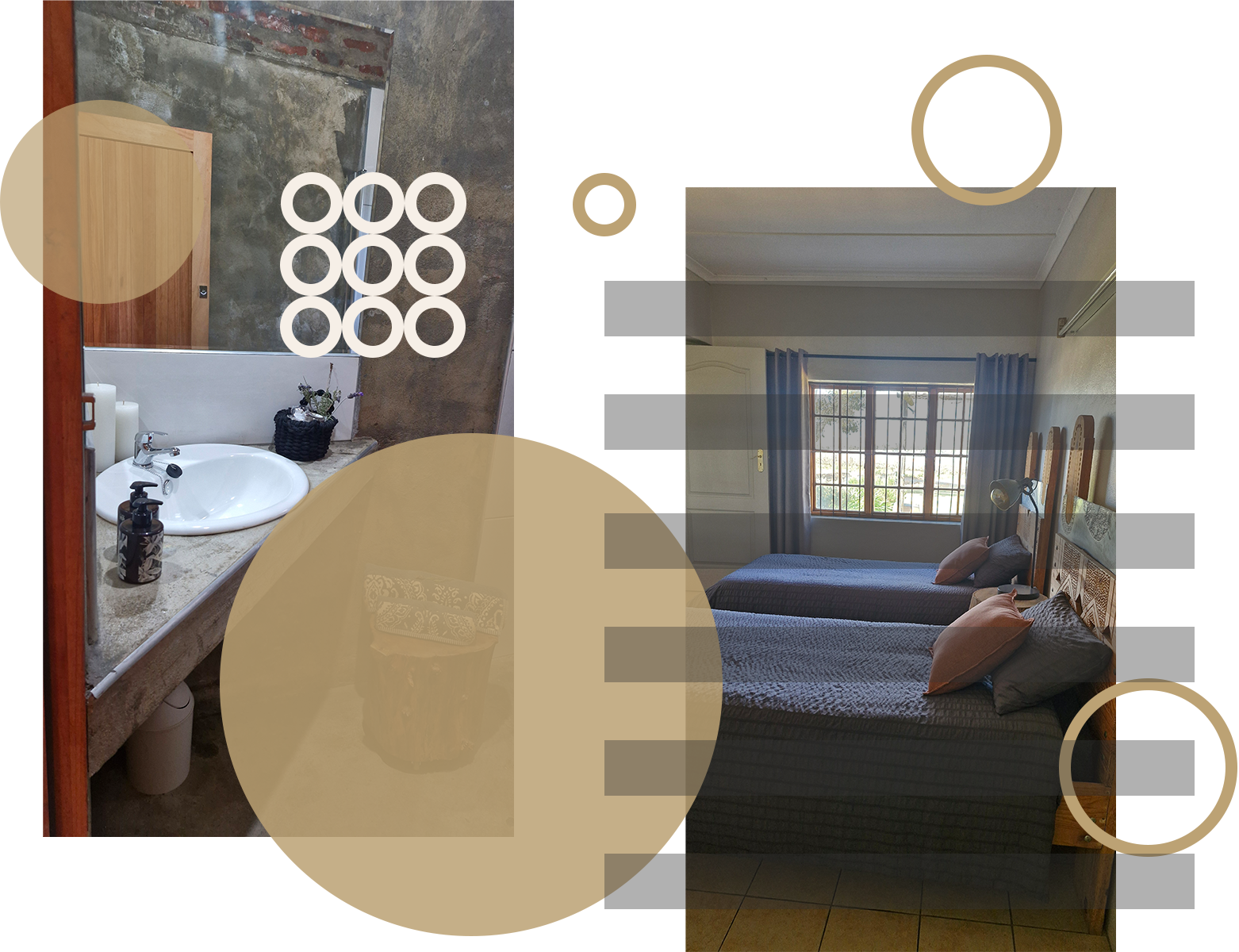 Natural Comfort - Bathroom and Twin Bedroom Rustic bathroom with wooden accents and twin bedroom with natural light and earthy decor.